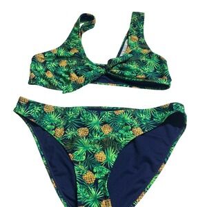 Cabana del Sol Tropical Pineapple Print Bikini Set Green Blue Two Piece Size L